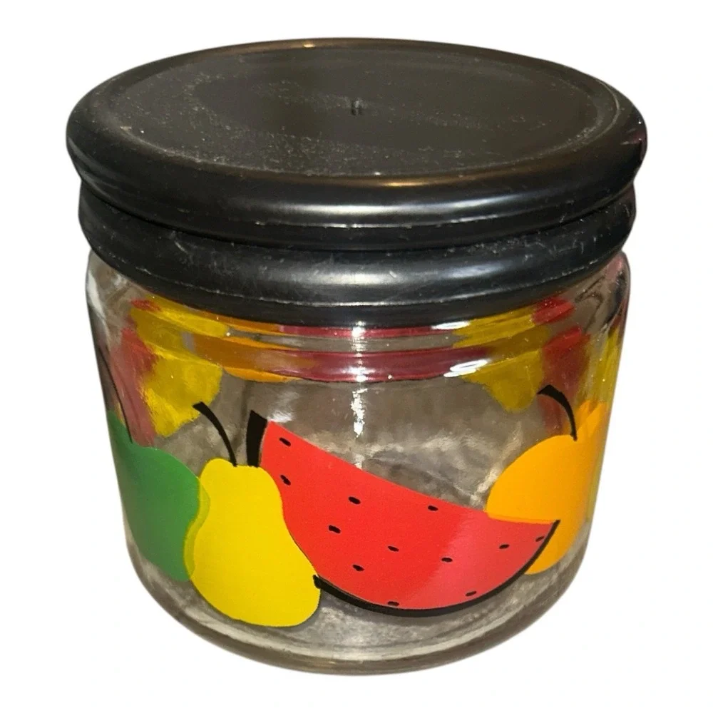 Vintage KIG Glass Jar Fruit Design Apple Pear Watermelon Black Lid 3.75
